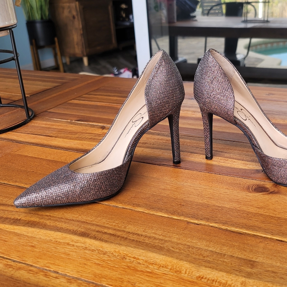 Jessica Simpson Sparkle D'Orsay Pointed Toe Heels in Metallic Bronze - Picture 2 of 4